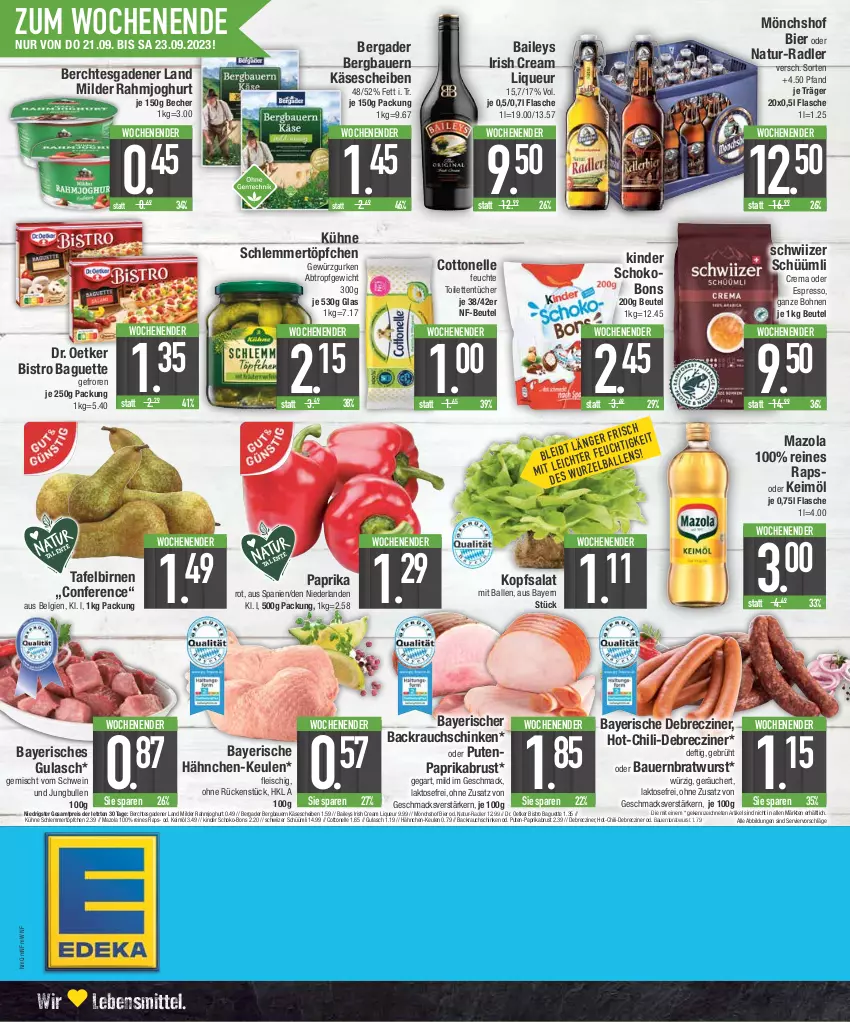 Aktueller Prospekt E Center - Angebote der Woche - von 18.09 bis 23.09.2023 - strona 20 - produkty: auer, Backrauchschinken, baguette, baileys, ball, Bau, Bauer, Becher, bergader, beutel, bier, Birnen, Bistro Baguette, bohne, bohnen, bratwurst, chili, cottonelle, debrecziner, Dr. Oetker, eis, elle, espresso, flasche, fleisch, gewürz, Gewürzgurke, gewürzgurken, gulasch, gurke, gurken, irish cream, joghur, joghurt, jungbullen, Käse, käsescheiben, keimöl, Kinder, Kinder Schokobons, kopfsalat, Kühne, lebensmittel, LG, liqueur, mac, mazola, mönchshof, natur, oder espresso, paprika, paprika rot, pute, radler, rahmjoghurt, rapso, Rauch, reis, salat, schinken, schlemmertöpfchen, schoko, schoko-bons, schwein, tafelbirnen, Ti, toilettentücher, Töpfchen, tücher, wein, wurst, ZTE