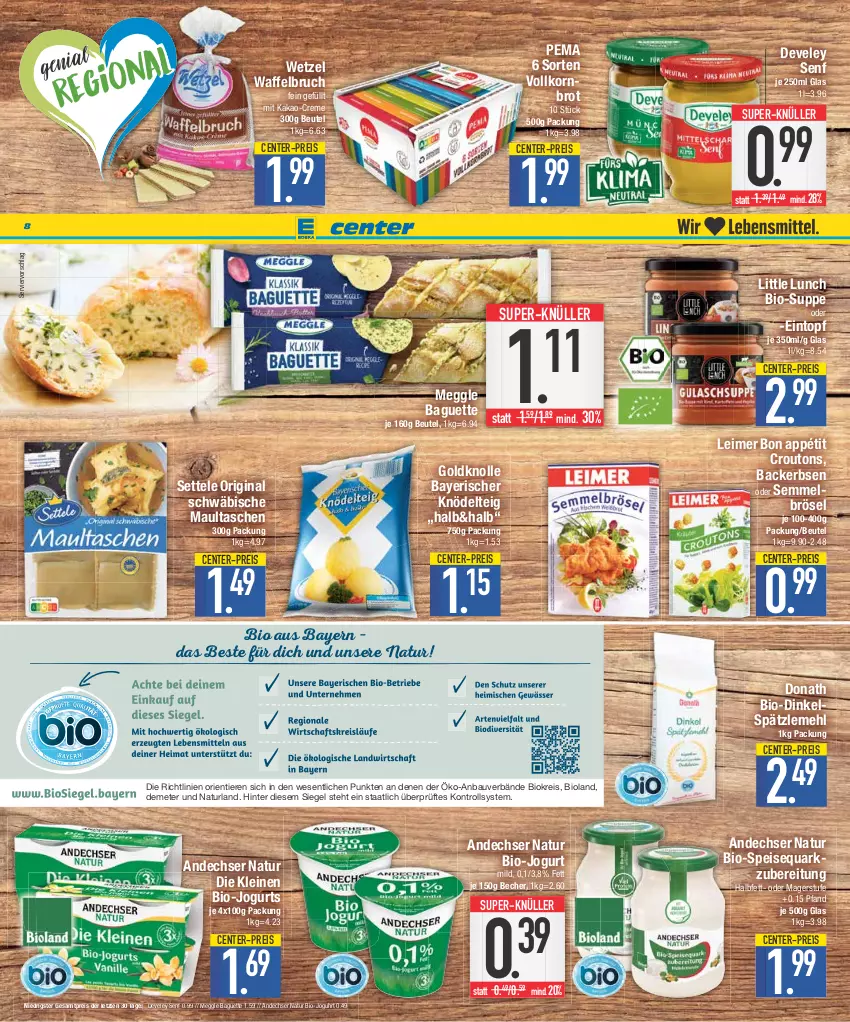 Aktueller Prospekt E Center - Angebote der Woche - von 18.09 bis 23.09.2023 - strona 8 - produkty: andechser natur, baguette, Bau, Becher, beutel, bio, bioland, brot, creme, croutons, develey, eimer, eintopf, eis, ente, erbsen, gin, jogurt, kakao, Knödel, Knödelteig, korn, Kornbrot, leimer, leine, maultaschen, meggle, mehl, natur, naturland, quark, reis, Semmel, Semmelbrösel, senf, settele, Spätzlemehl, speisequark, super-knüller, suppe, Tasche, taschen, Ti, Tiere, topf, uhr, vollkornbrot, Waffelbruch, ZTE