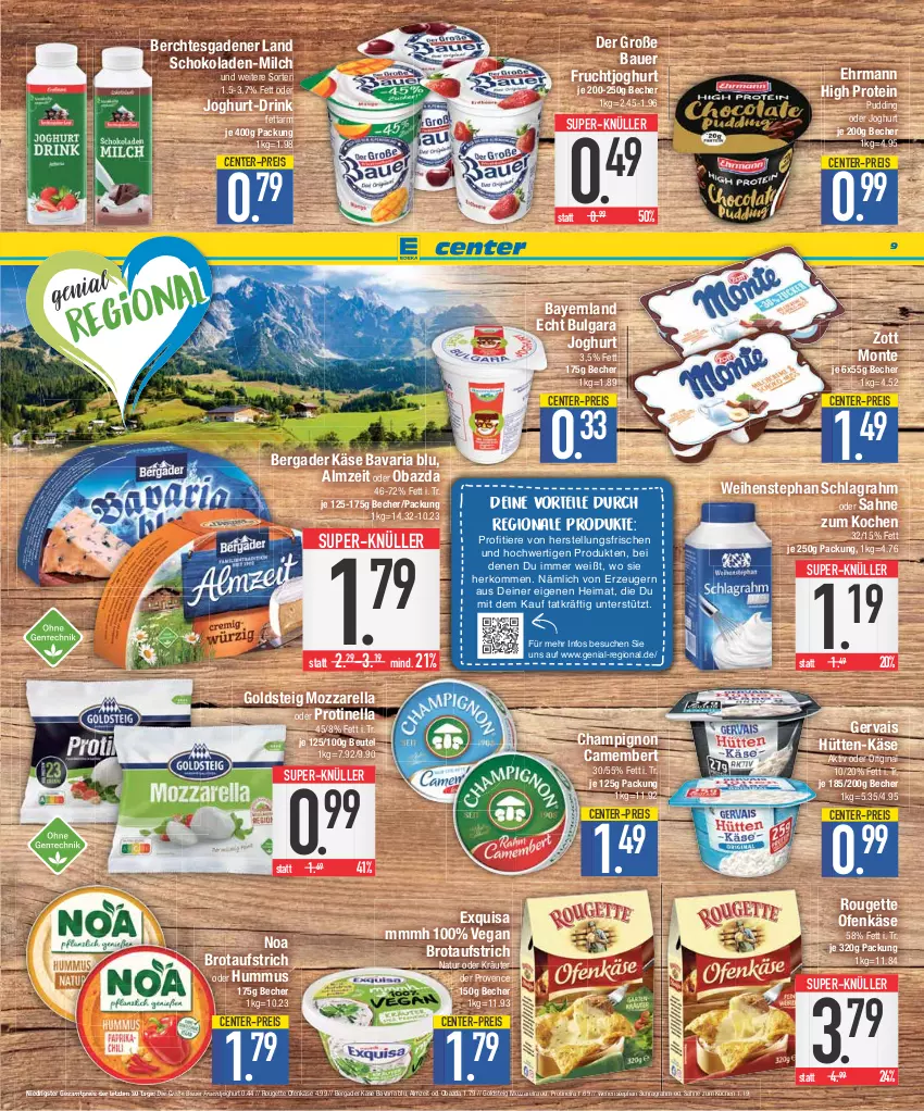 Aktueller Prospekt E Center - Angebote der Woche - von 18.09 bis 23.09.2023 - strona 9 - produkty: auer, aufstrich, Bau, Bauer, bavaria blu, Becher, bergader, beutel, brot, brotaufstrich, camembert, champignon, drink, ehrmann, eis, ente, exquisa, frucht, fruchtjoghurt, gervais, gin, goldsteig, hummus, joghur, joghurt, Käse, kräuter, LG, milch, monte, mozzarella, natur, obazda, oder kräuter, Ofen, Ofenkäse, pudding, reis, rel, Ria, rouge, rougette, sahne, schlagrahm, schoko, schokolade, schokoladen, super-knüller, Ti, Tiere, weihenstephan, zott, Zott Monte, ZTE