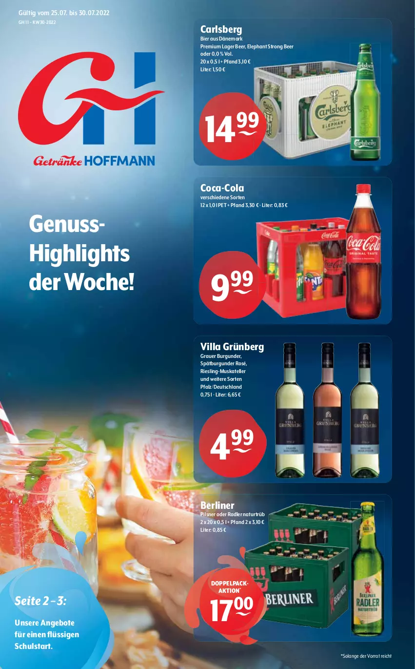 Aktueller Prospekt Getraenke Hoffmann - Prospekte - von 25.07 bis 30.07.2022 - strona 1 - produkty: angebot, angebote, auer, berliner, bier, burgunder, carlsberg, coca-cola, cola, elle, grauer burgunder, natur, nuss, oder radler, pils, pilsner, radler, riesling, spätburgunder, teller, Ti