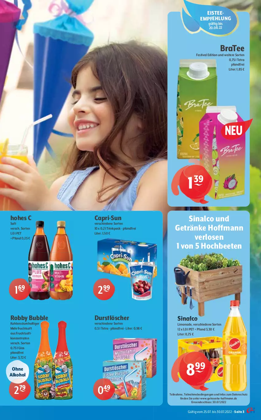 Aktueller Prospekt Getraenke Hoffmann - Prospekte - von 25.07 bis 30.07.2022 - strona 3 - produkty: alkohol, beere, bio, BraTee, Cap, capri-sun, coffein, cola, durstlöscher, eis, eistee, elle, erdbeere, flasche, frucht, fruchtsaft, getränk, getränke, gin, Hohes C, kirsch, kirsche, limo, limonade, ohne alkohol, orange, orangen, Paula, paulaner, Pick Up!, Rauch, reis, riegel, robby, saft, schorle, sinalco, Spezi, tee, Ti, vita, Vita C, zucker