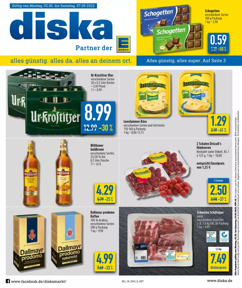 Aktueller Prospekt Diska - Prospekte - von 02.05 bis 07.05.2022 - strona 1 - produkty: aktionspreis, angebot, angebote, beere, beeren, bier, dallmayr, dallmayr prodomo, eis, flasche, himbeer, himbeere, himbeeren, kaffee, Käse, leerdammer, natur, prodomo, reis, Schal, Schale, schogetten, Ti