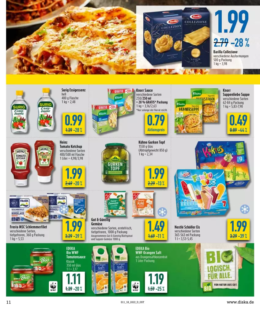 Aktueller Prospekt Diska - Prospekte - von 02.05 bis 07.05.2022 - strona 11 - produkty: aktionspreis, barilla, bio, blattspinat, deka, edeka bio, eis, essig, filet, flasche, frosta, gurke, gurken, heinz, ketchup, knorr, Kühne, natur, orange, orangen, orangensaft, reis, saft, sauce, schlemmerfilet, Schöller, spinat, suppe, suppen, suppenliebe, Ti, tomato ketchup, topf