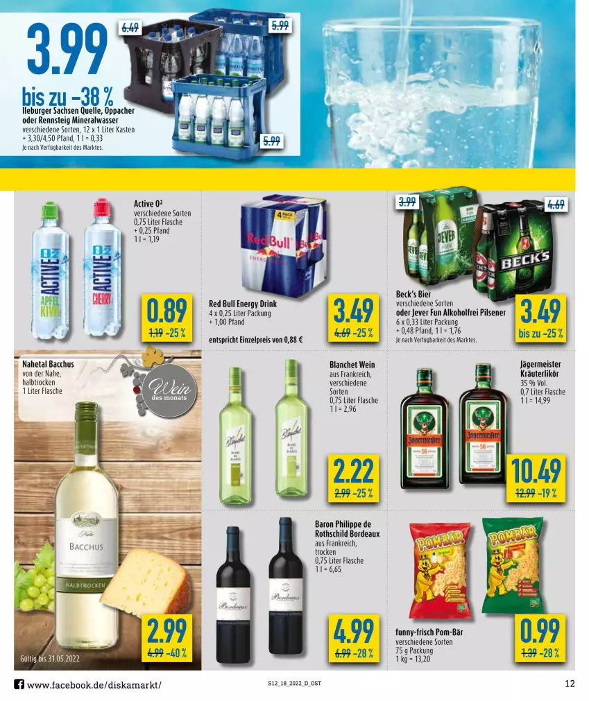 Aktueller Prospekt Diska - Prospekte - von 02.05 bis 07.05.2022 - strona 12 - produkty: ACC, alkohol, Alwa, bier, burger, drink, eis, elle, energy drink, flasche, funny-frisch, Germ, jägermeister, jever, kräuter, kräuterlikör, likör, Meister, mineralwasser, pils, pilsener, pom-bär, red bull, reis, sac, Ti, wasser, wein