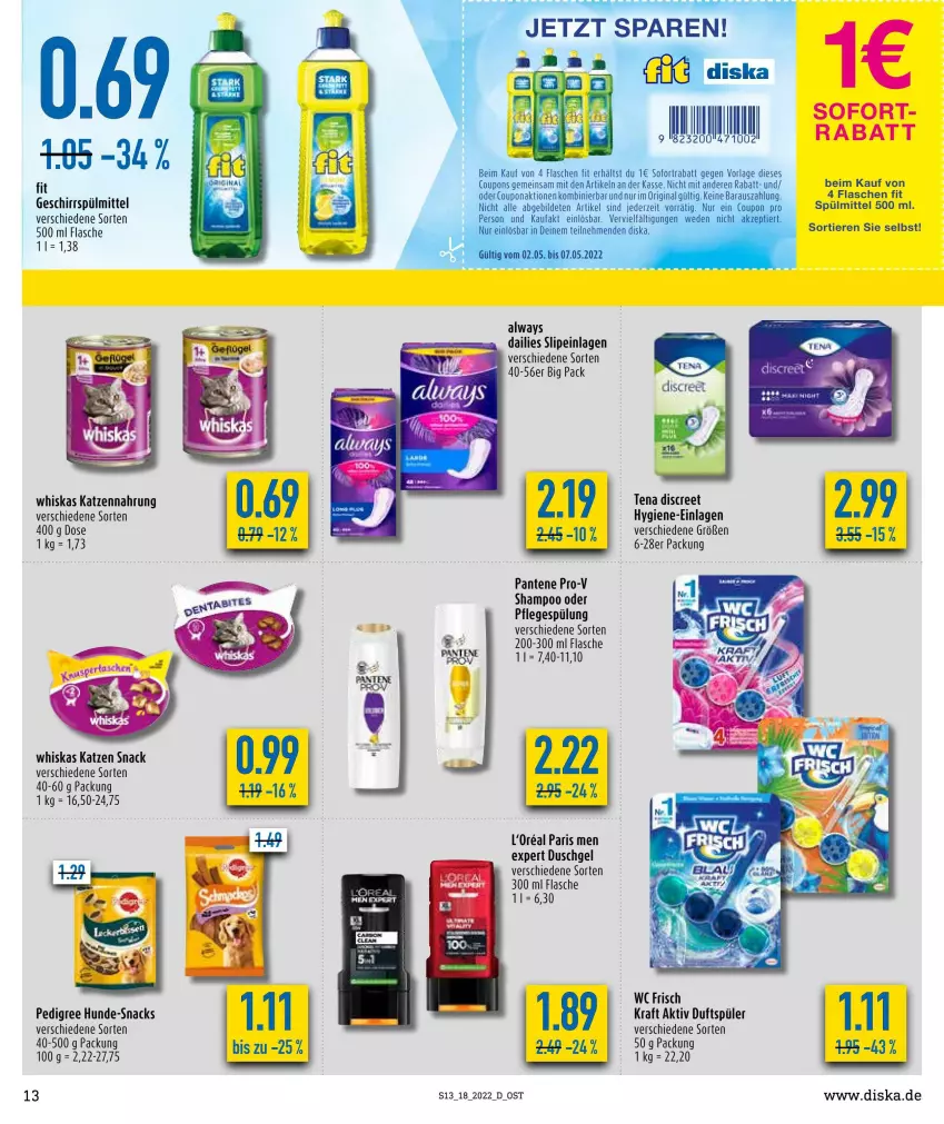 Aktueller Prospekt Diska - Prospekte - von 02.05 bis 07.05.2022 - strona 13 - produkty: Alwa, Always, coupon, coupons, dailies, Discreet, duschgel, flasche, geschirr, geschirrspülmittel, gin, katzennahrung, kraft, l'oreal, pantene, pantene pro-v, pedigree, Pflegespülung, pro-v, shampoo, slip, slipeinlagen, snack, snacks, sofortrabatt, spülmittel, spülung, Ti, Tiere, wc frisch, whiskas