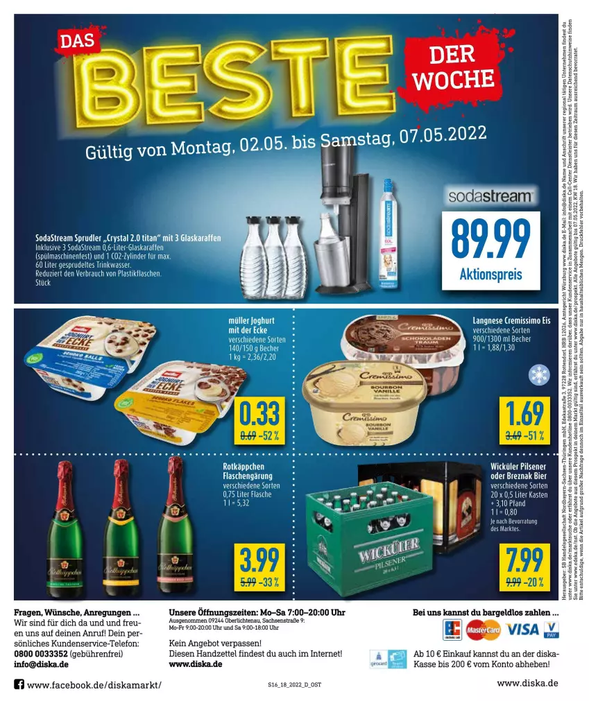 Aktueller Prospekt Diska - Prospekte - von 02.05 bis 07.05.2022 - strona 16 - produkty: aldi, angebot, angebote, Astra, bier, deka, eis, elle, ente, flasche, glaskaraffe, gurke, gurken, Karaffe, ring, rotkäppchen, sac, Soda, sodastream, Sprudel, tee, telefon, Ti, uhr, wasser