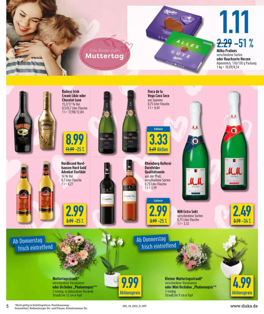 Aktueller Prospekt Diska - Prospekte - von 02.05 bis 07.05.2022 - strona 5 - produkty: aktionspreis, alpenmilch, baileys, burger, cola, dornfelder, eier, eierlikör, eis, elle, fisch, flasche, leine, likör, milch, milka, mm extra, nordbrand, orchidee, phalaenopsis, qualitätswein, reis, Ria, sekt, Ti, topf, Vase, wein