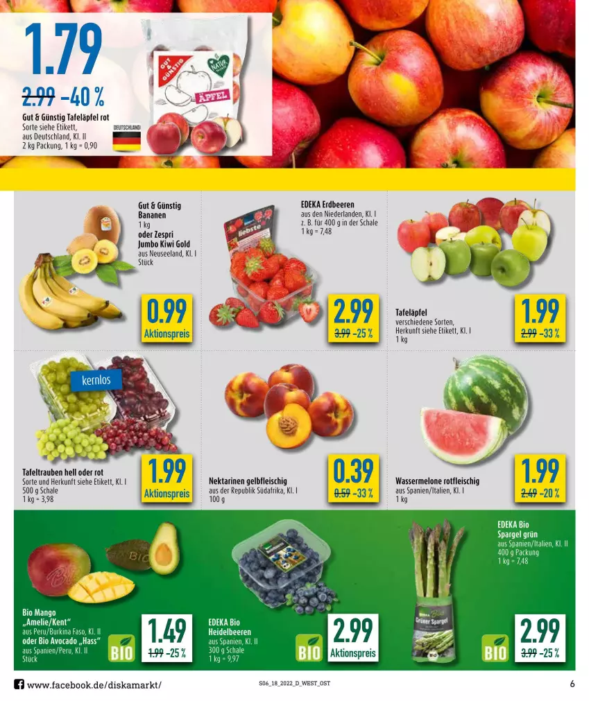 Aktueller Prospekt Diska - Prospekte - von 02.05 bis 07.05.2022 - strona 6 - produkty: aktionspreis, banane, bananen, beere, beeren, bio, deka, edeka bio, eis, Elan, erdbeere, erdbeeren, fleisch, heidelbeere, heidelbeeren, jumbo, kiwi, Kiwi Gold, mango, melone, Nektar, nektarinen, reis, Schal, Schale, spargel, spargel grün, tafeläpfel, tafeltrauben, Ti, trauben, wasser, wassermelone, zespri