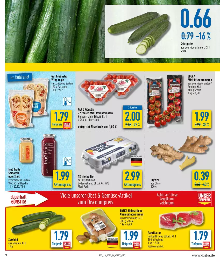 Aktueller Prospekt Diska - Prospekte - von 02.05 bis 07.05.2022 - strona 7 - produkty: braun, champignon, champignons, champignons braun, deka, eier, eis, gurke, ingwer, LG, mini-rispentomaten, paprika, paprika rot, reis, rispentomaten, Romatomaten, salat, Salatgurke, Schal, Schale, smoothie, Ti, tiefpreis, tomate, tomaten, wrap, zucchini