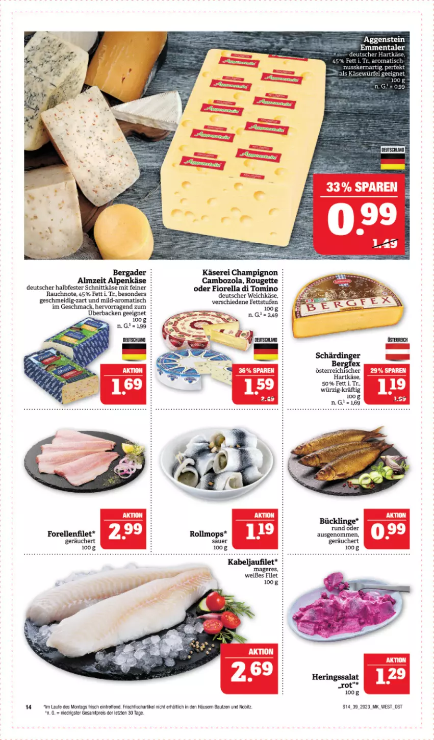 Aktueller Prospekt Edeka - Angebote der Woche - von 25.09 bis 30.09.2023 - strona 14 - produkty: auer, Bau, bergader, cambozola, champignon, deutscher weichkäse, eis, elle, emmentaler, filet, fisch, forelle, frischfisch, halbfester schnittkäse, hering, Herings, kabeljaufilet, Käse, mac, Rauch, reis, rel, ring, rouge, rougette, salat, schnittkäse, Ti, tisch, weichkäse, ZTE