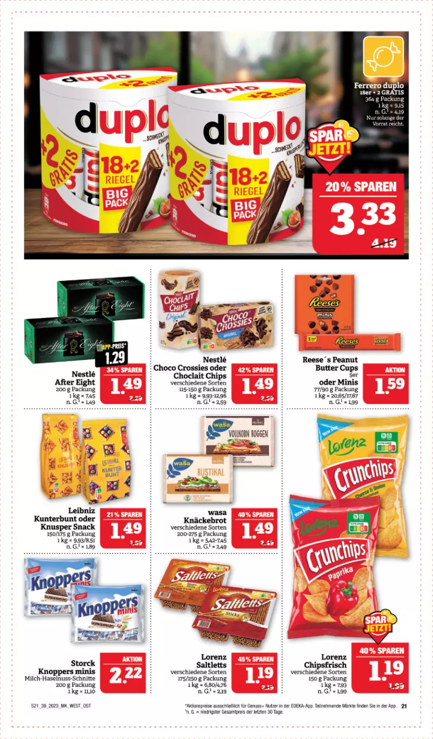 Aktueller Prospekt Edeka - Angebote der Woche - von 25.09 bis 30.09.2023 - strona 21 - produkty: after eight, aktionspreis, brot, butter, chips, chipsfrisch, choclait chips, choco crossies, crossies, deka, duplo, eis, ferrero, haselnuss, knäckebrot, knoppers, lorenz, milch, nuss, reis, saltletts, storck, tee, Ti, Yo, ZTE