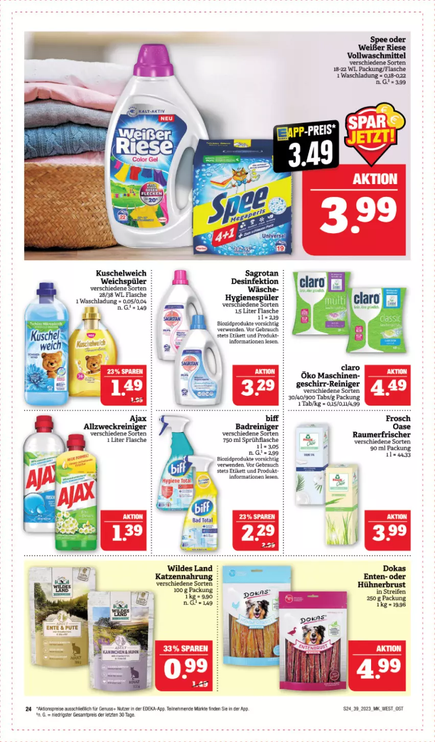 Aktueller Prospekt Edeka - Angebote der Woche - von 25.09 bis 30.09.2023 - strona 24 - produkty: aktionspreis, Bad, bio, biozidprodukte, deka, Desinfektion, eis, ente, flasche, hühner, katzennahrung, Kuschelweich, nuss, Rauch, Raumerfrischer, reifen, reiniger, reis, rwe, sagrotan, sprühflasche, Ti, weichspüler, Wild, ZTE