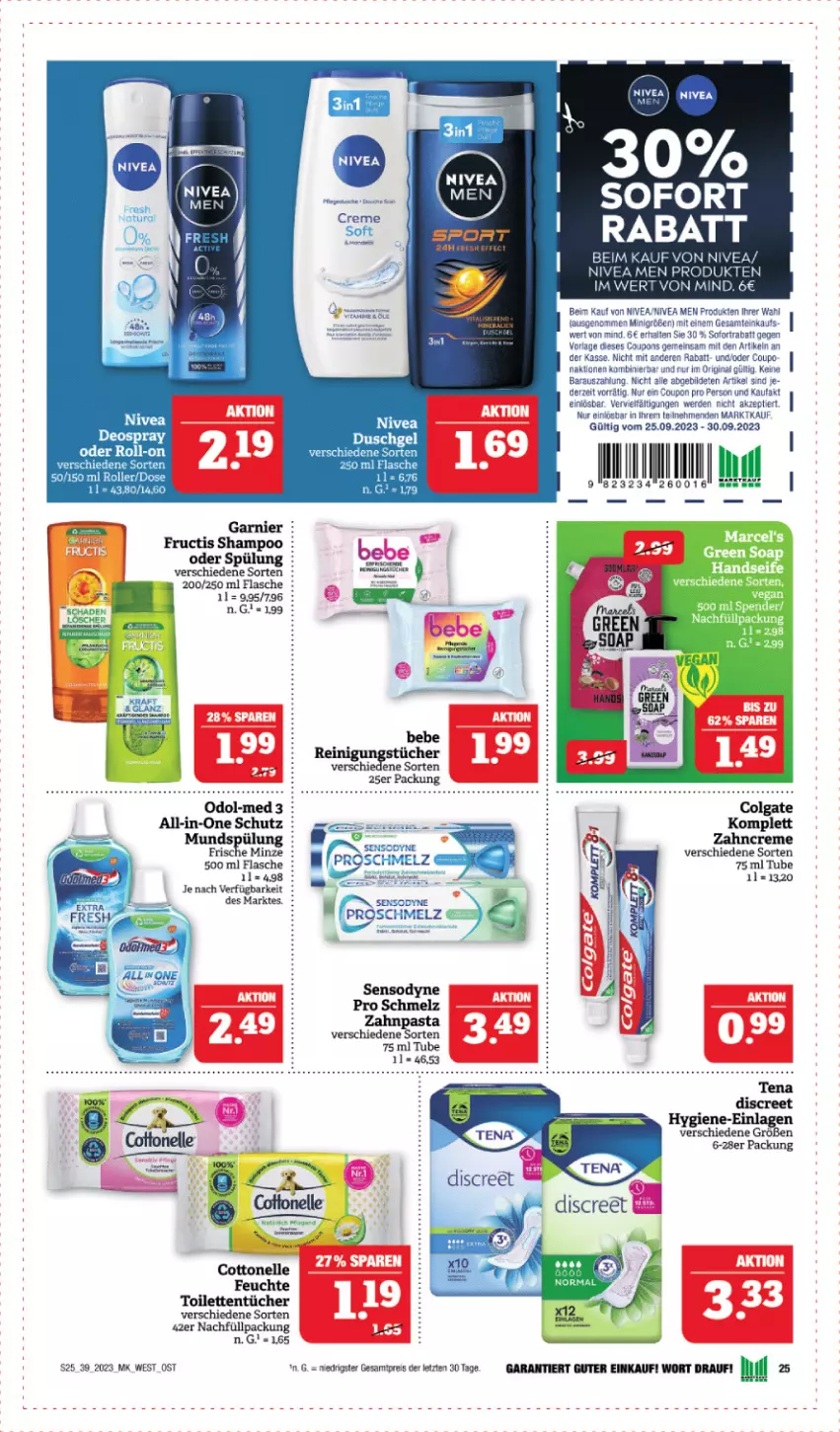 Aktueller Prospekt Edeka - Angebote der Woche - von 25.09 bis 30.09.2023 - strona 25 - produkty: Bebe, cottonelle, coupon, Discreet, eis, elle, flasche, fructis, garnier, minze, nivea, Nivea Men, Odol, Odol-med 3, pasta, reis, shampoo, spülung, Ti, toilettentücher, tücher, zahnpasta, ZTE