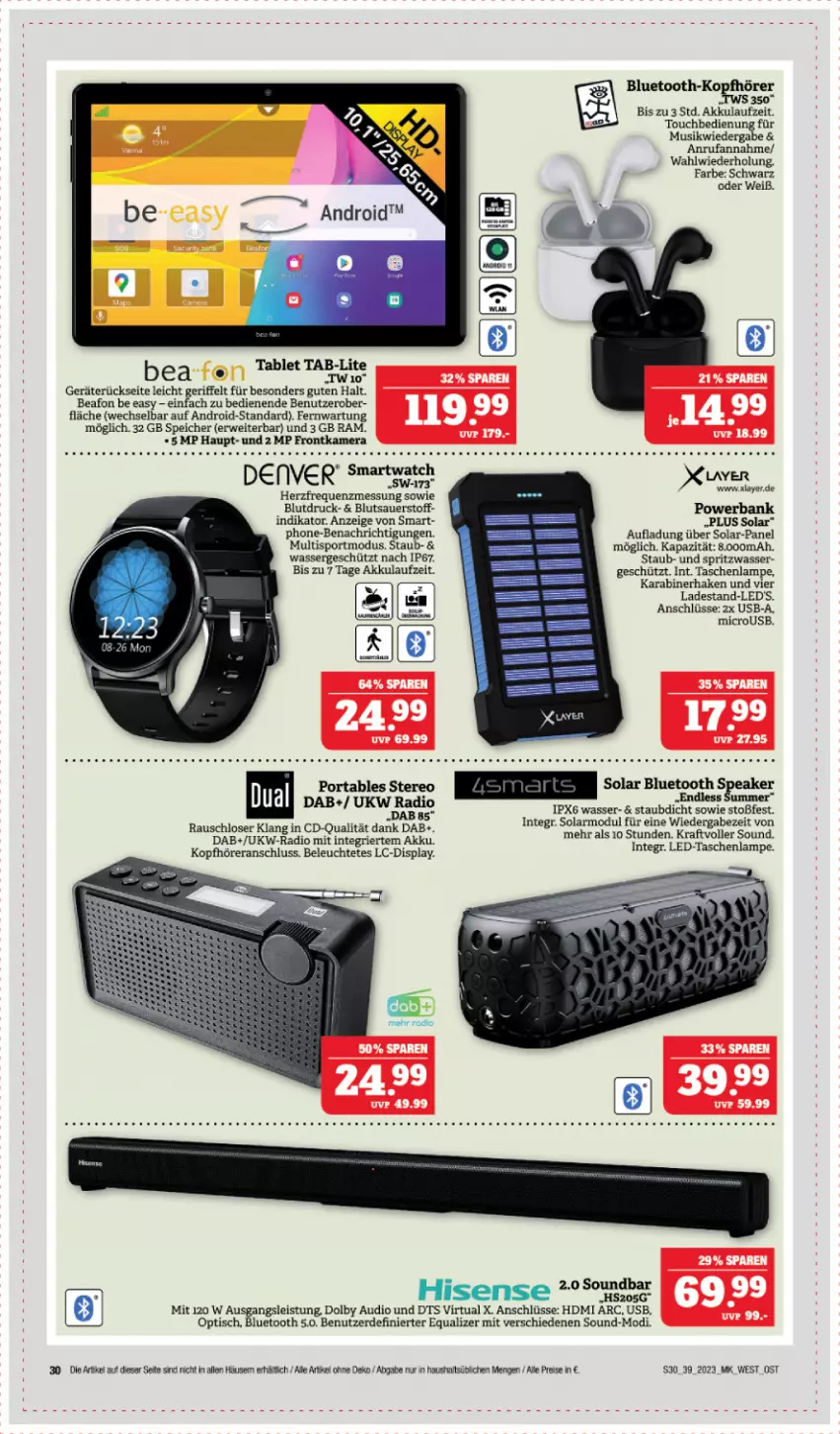 Aktueller Prospekt Edeka - Angebote der Woche - von 25.09 bis 30.09.2023 - strona 30 - produkty: abus, akku, auer, Bank, eis, erde, frontkamera, HDMI, hisense, kamera, kopfhörer, kraft, Lampe, Leuchte, powerbank, Radio, reis, rwe, sac, Sport, tablet, Tasche, taschen, taschenlampe, Ti, tisch, usb, wasser