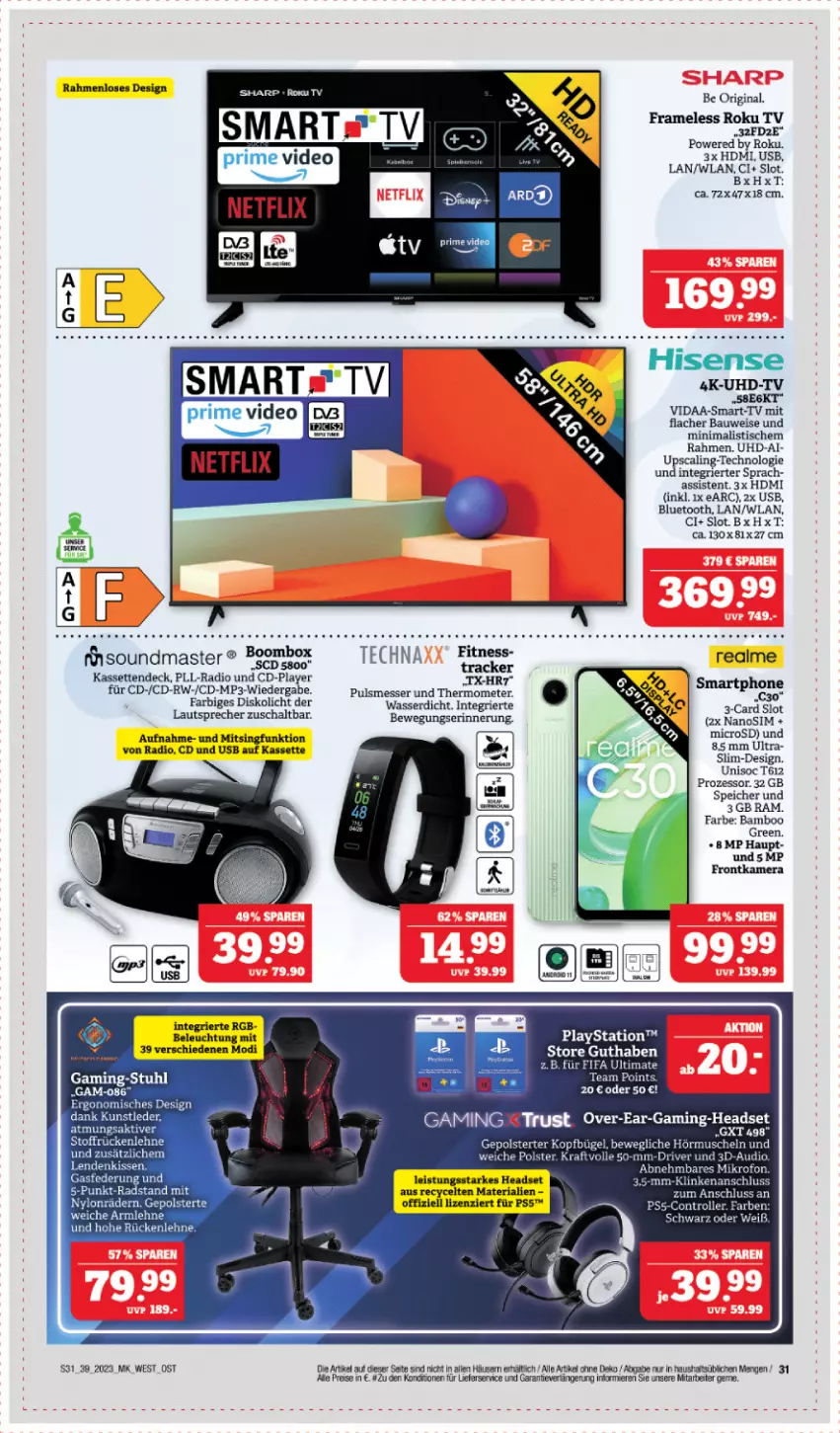 Aktueller Prospekt Edeka - Angebote der Woche - von 25.09 bis 30.09.2023 - strona 31 - produkty: bamboo, Bau, beleuchtung, bügel, eis, frontkamera, gaming-headset, gin, HDMI, Headset, hisense, kamera, lautsprecher, lays, lieferservice, messer, microsd, Mp3, Muscheln, PlayStation, Radio, rama, reis, Ria, Roller, rückenlehne, Schal, sim, stuhl, technaxx, Ti, tisch, uhd, UHD-TV, usb, wasser