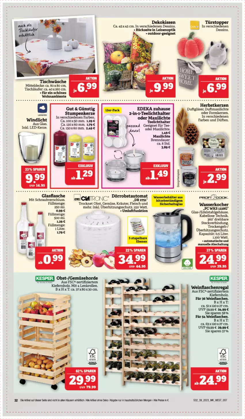 Aktueller Prospekt Edeka - Angebote der Woche - von 25.09 bis 30.09.2023 - strona 32 - produkty: auer, decke, deka, dekokissen, edelstahl, eis, ente, fleisch, Gläser, Holz, kerze, kissen, kräuter, Läufer, LED-Kerze, LG, mitteldecke, obst, Spiele, tee, Teelicht, teelichthalter, Ti, tisch, tischläufer, überhitzungsschutz, windlicht