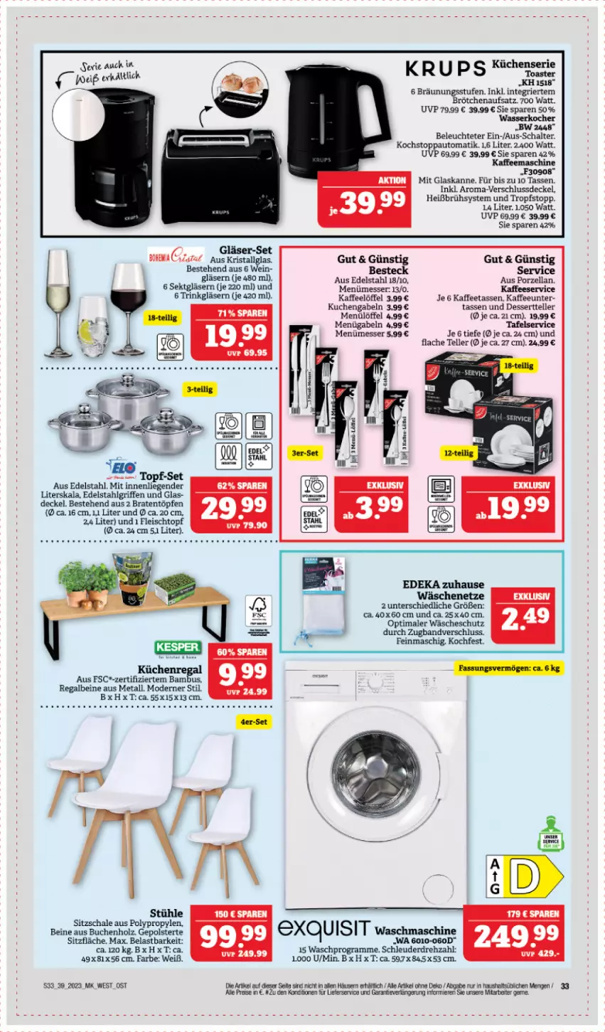 Aktueller Prospekt Edeka - Angebote der Woche - von 25.09 bis 30.09.2023 - strona 33 - produkty: auto, bambus, besteck, braten, brötchen, brötchenaufsatz, buch, decke, Deckel, deka, dessert, Dessertteller, edelstahl, eis, elle, fleisch, gabel, Gläser, Holz, HP, kaffee, kaffeemaschine, Kaffeetassen, Kocher, küche, Küchen, kuchen, Leuchte, LG, lieferservice, Liege, Löffel, messer, Mode, regal, reis, Schal, Schale, sekt, ssd, Stühl, tasse, tee, teller, Ti, toast, toaster, waschmaschine, wasser, wasserkocher, wein