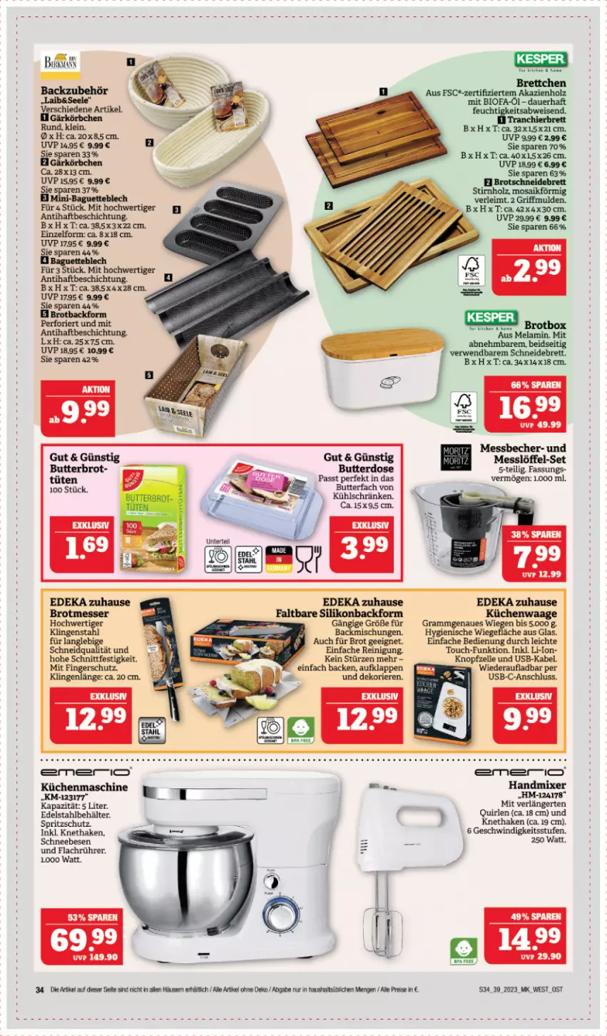 Aktueller Prospekt Edeka - Angebote der Woche - von 25.09 bis 30.09.2023 - strona 34 - produkty: auer, Backform, Backzubehör, baguette, Becher, Behälter, bio, Brettchen, brot, butter, Butterdose, deka, edelstahl, eis, elle, Gärkörbchen, Holz, Körbchen, küche, Küchen, Küchenwaage, Löffel, Messbecher, Mixer, rwe, Schneebesen, schneidebrett, Spritzschutz, Ti, Tüte, usb, Waage