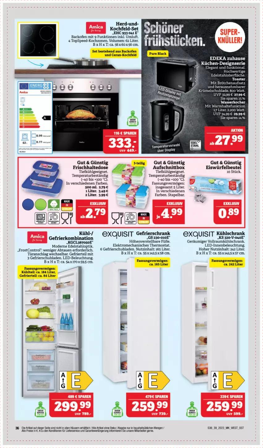 Aktueller Prospekt Edeka - Angebote der Woche - von 25.09 bis 30.09.2023 - strona 36 - produkty: aufschnitt, backofen, backofen und, beleuchtung, brötchen, brötchenaufsatz, deka, edelstahl, eis, eiswürfel, Elektro, erde, gefrierschrank, Kocher, kochfeld, küche, Küchen, kühlschrank, lack, led-beleuchtung, LG, Mode, Ofen, reis, Schrank, schubladen, spee, thermostat, Ti, toast, toaster, türanschlag wechselbar, wasser, wasserkocher, würfel