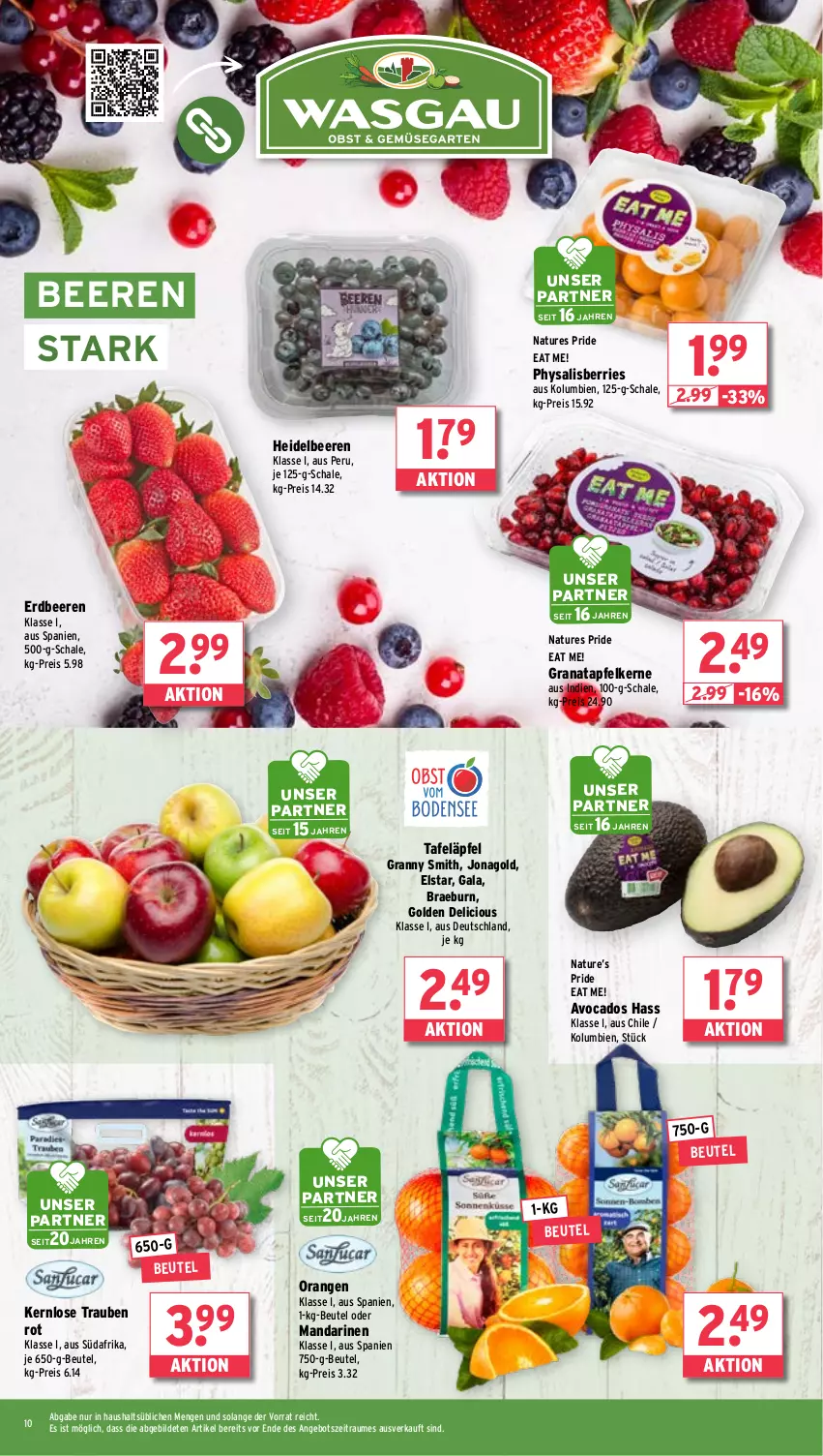 Aktueller Prospekt Wasgau - von 17.03 bis 22.03.2025 - strona 10 - produkty: angebot, apfel, avocado, avocados, beere, beeren, beutel, eis, erdbeere, erdbeeren, grana, granatapfel, granatapfelkerne, heidelbeere, heidelbeeren, mandarine, mandarinen, natur, orange, orangen, Physalis, Rana, reis, Schal, Schale, tafeläpfel, Ti, trauben