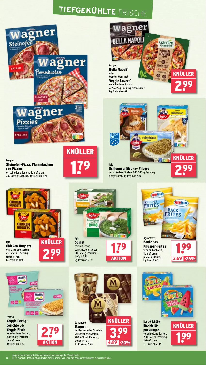 Aktueller Prospekt Wasgau - von 17.03 bis 22.03.2025 - strona 16 - produkty: agrarfrost, angebot, backofen, Becher, beutel, chicken nuggets, eis, fertiggericht, fertiggerichte, filegro, filet, fisch, flammkuchen, frosta, garden gourmet, iglo, kuchen, lamm, langnese, magnum, nestlé, nestlé schöller, nuggets, Ofen, pizza, reis, Schöller, spinat, steinofen, stieleis, Ti, veggie, Veggie Love, wagner