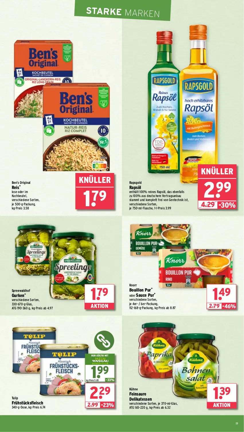 Aktueller Prospekt Wasgau - von 17.03 bis 22.03.2025 - strona 19 - produkty: Bau, Ben’s Original, beutel, eis, ente, flasche, fleisch, frühstücksfleisch, gin, gurke, gurken, knorr, kochbeutel, Kühne, rapsöl, reines rapsöl, reis, sauce, spreewaldhof, Ti, tulip