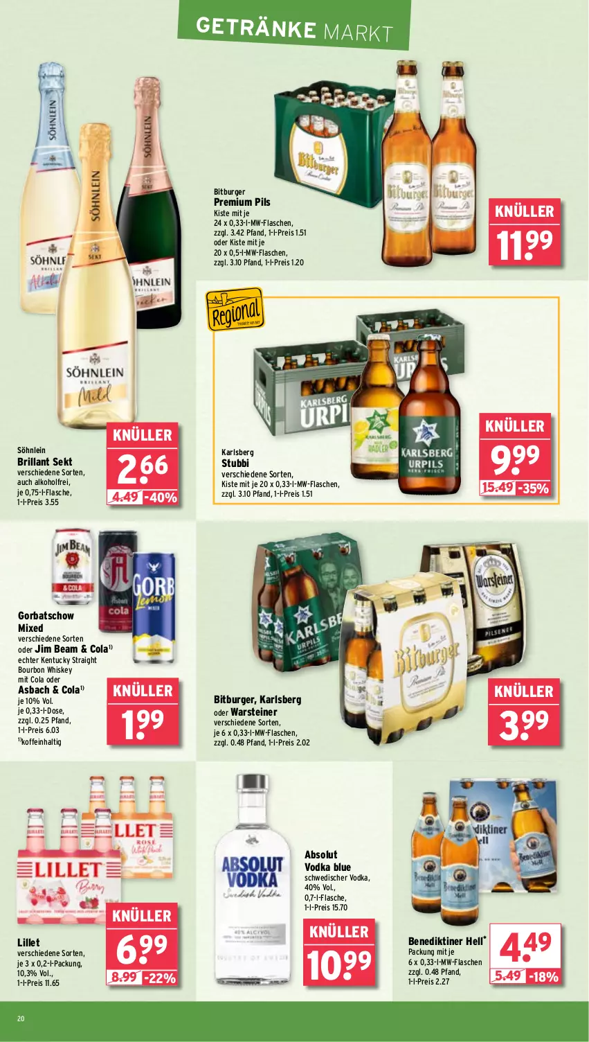 Aktueller Prospekt Wasgau - von 17.03 bis 22.03.2025 - strona 20 - produkty: Absolut Vodka, alkohol, Benediktiner, bitburger, bourbon, bourbon whiskey, brillant sekt, burger, cola, eis, flasche, getränk, getränke, Gorbatschow, jim beam, karlsberg, kentucky straight, lillet, mw-flasche, pils, premium pils, reis, sekt, söhnlein, söhnlein brillant, steiner, Ti, tuc, vodka, warsteiner, whiskey