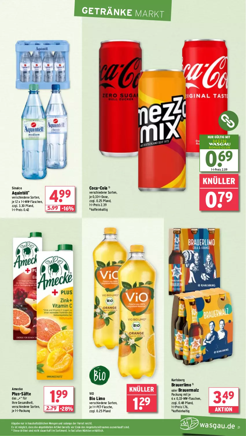 Aktueller Prospekt Wasgau - von 17.03 bis 22.03.2025 - strona 21 - produkty: amecke, angebot, auer, bio, bio limo, coca-cola, cola, eis, flasche, Gesundheit, getränk, getränke, karlsberg, limo, malz, mw-flasche, pet-flasche, reis, säfte, sinalco, Ti