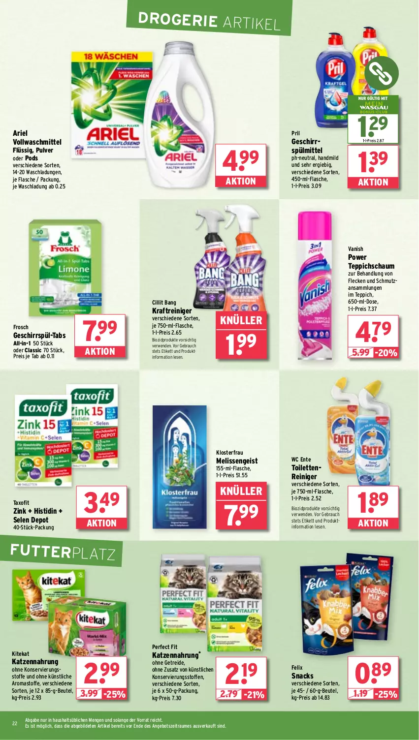 Aktueller Prospekt Wasgau - von 17.03 bis 22.03.2025 - strona 22 - produkty: angebot, ariel, beutel, bio, biozidprodukte, Cillit, cillit bang, eis, ente, felix, flasche, Frosch, geschirr, geschirrspülmittel, katzennahrung, kitekat, kraft, Perfect Fit, Pods, pril, Rauch, reiniger, reis, rwe, snack, snacks, spülmittel, Taxofit, teppich, Ti, vanish, vollwaschmittel, waschmittel, wc ente