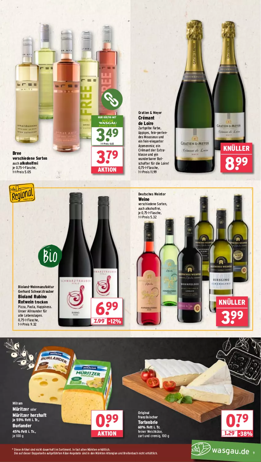 Aktueller Prospekt Wasgau - von 17.03 bis 22.03.2025 - strona 9 - produkty: alkohol, angebot, angebote, auer, bio, bioland, bree, Brei, brie, burlander, crémant de loire, eis, Faktu, flasche, gin, Käse, milram, mousse, pasta, perlen, pizza, reis, rotwein, Rubin, Ti, torte, weichkäse, wein, weine