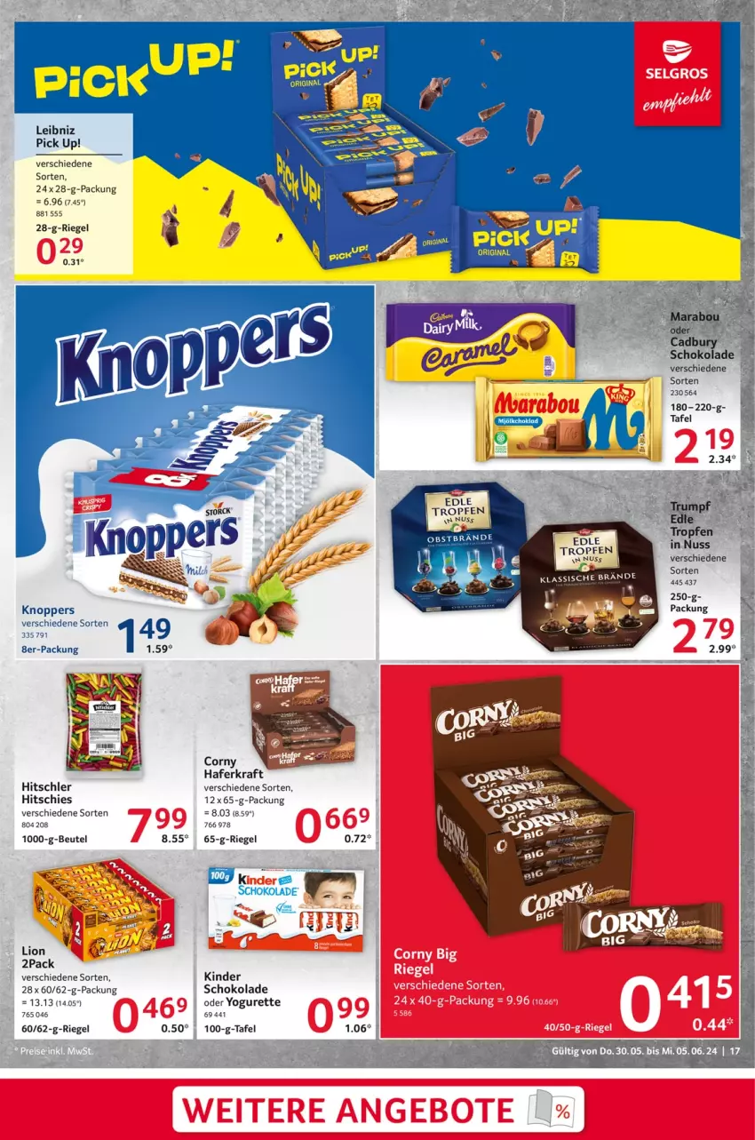 Aktueller Prospekt Selgros - Food - von 30.05 bis 05.06.2024 - strona 17 - produkty: beutel, corny, gin, hafer, hitschler, Kinder, knoppers, kraft, leibniz, lion, oder yogurette, Pick Up!, riegel, schoko, schokolade, Ti, Yo, yogurette