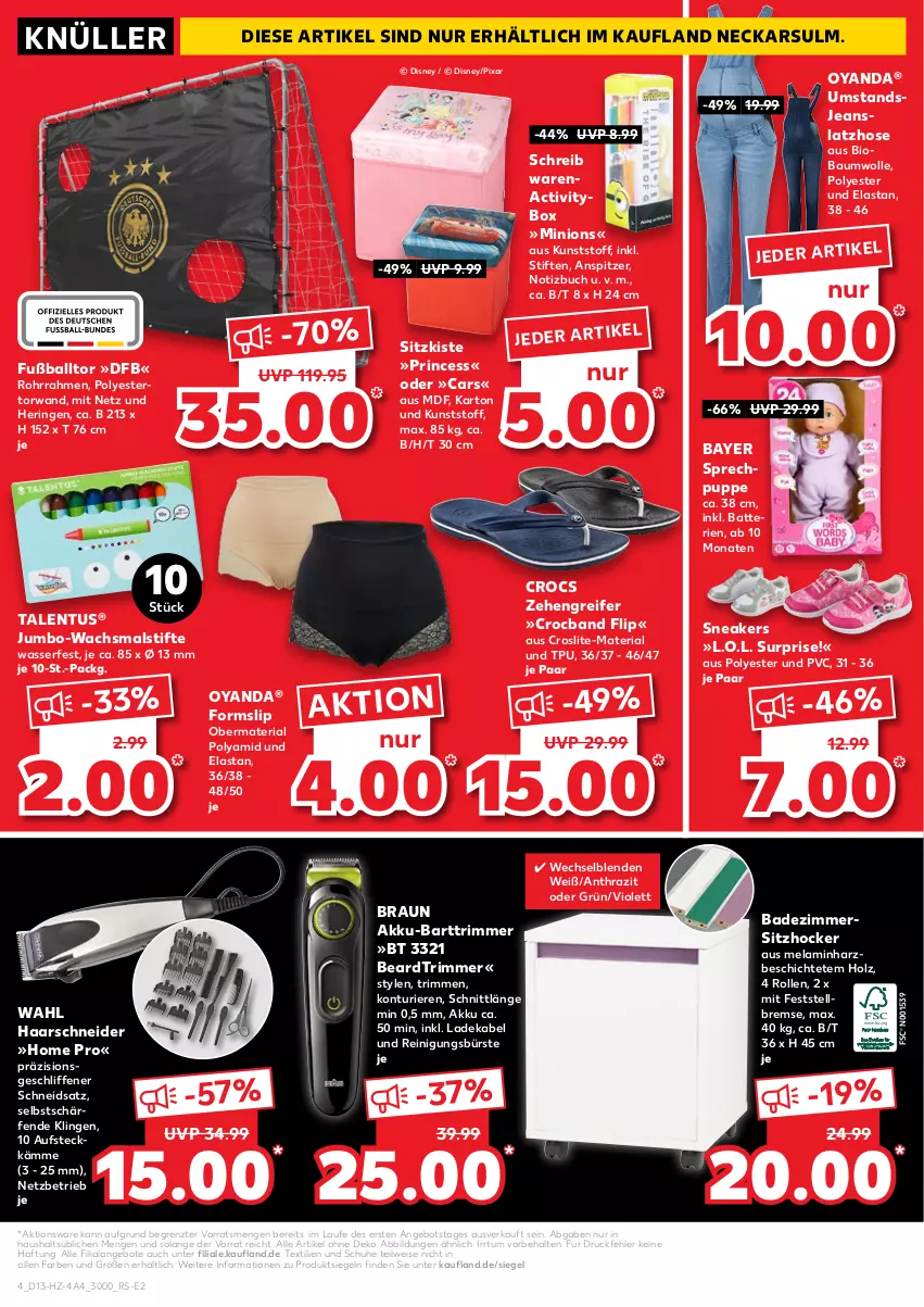 Aktueller Prospekt Kaufland - von 31.03 bis 06.04.2022 - strona 4 - produkty: akku, angebot, angebote, Bad, ball, batterie, batterien, Bau, baumwolle, bio, braun, buch, bürste, Cars, deka, disney, eis, Fußball, haarschneider, hering, hocker, Holz, hose, HP, jeans, jumbo, ladekabel, Latzhose, Puppe, Reinigung, reinigungsbürste, Ria, ring, schuhe, slip, sneaker, stifte, Ti, wasser, wolle, ZTE