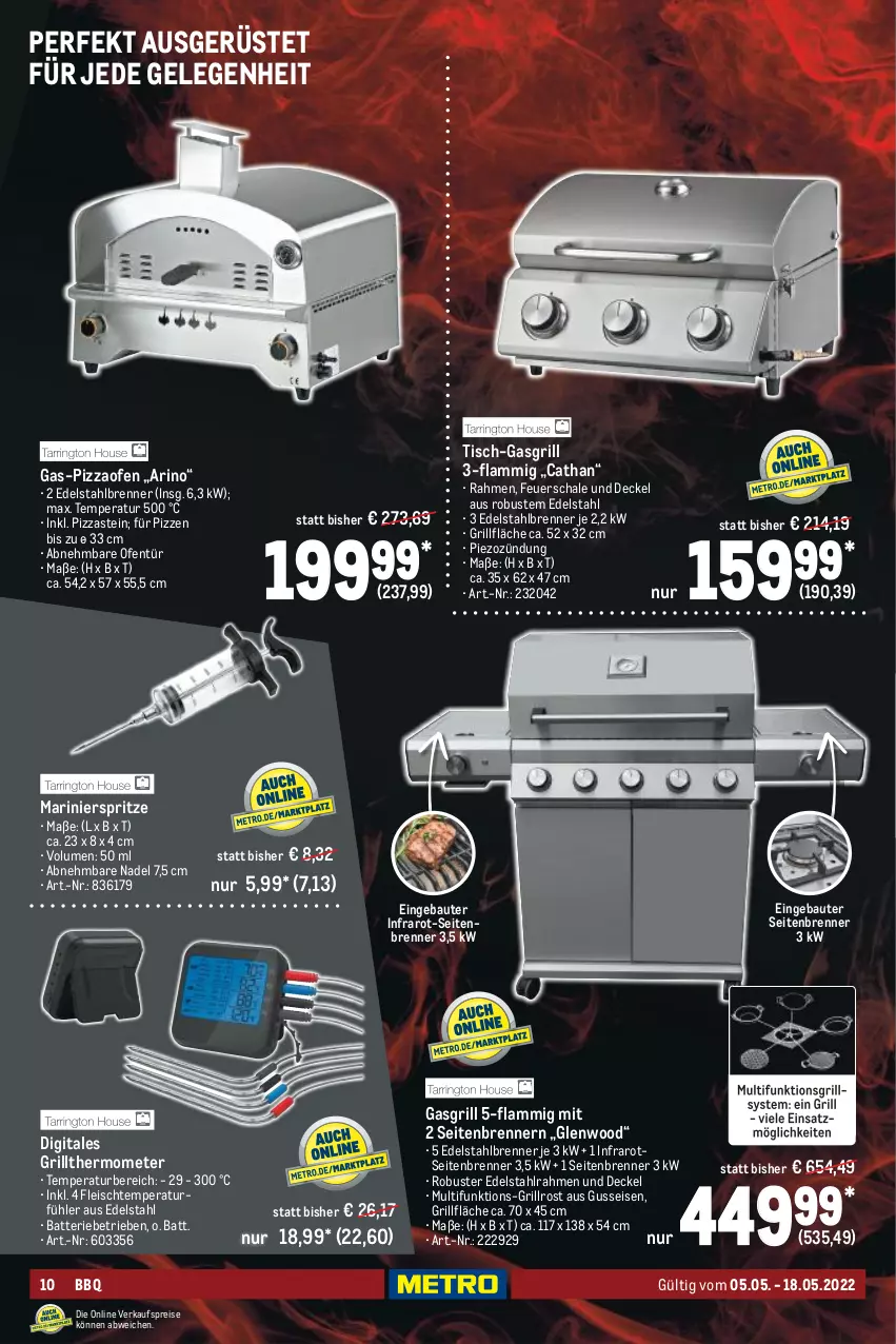 Aktueller Prospekt Metro - BBQ & Grill Spezial - von 05.05 bis 18.05.2022 - strona 10 - produkty: batterie, Bau, decke, Deckel, edelstahl, eis, feuerschale, fleisch, gasgrill, grill, grillfläche, grillrost, lamm, Ofen, pizza, Pizzaofen, reis, Schal, Schale, thermometer, Ti, tisch