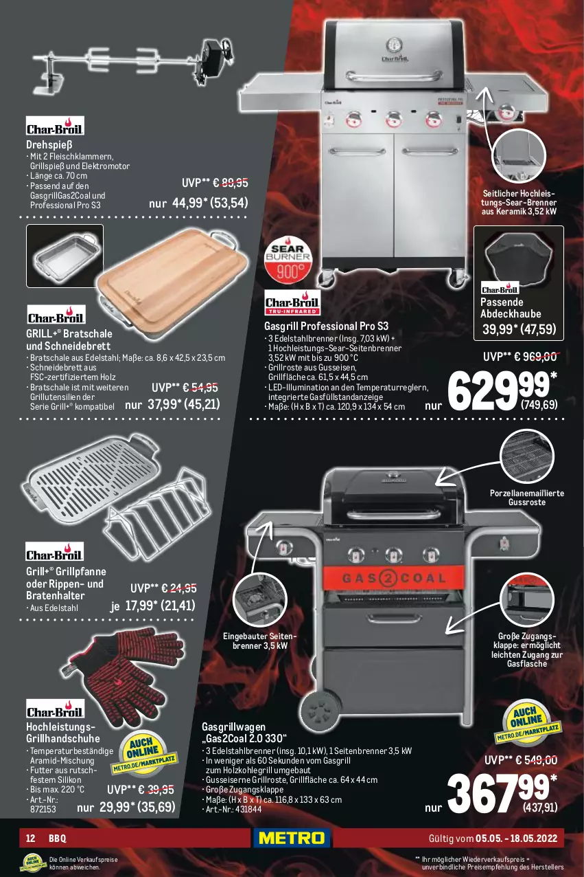 Aktueller Prospekt Metro - BBQ & Grill Spezial - von 05.05 bis 18.05.2022 - strona 12 - produkty: abdeckhaube, Bau, braten, edelstahl, eis, Elektro, elle, flasche, fleisch, gasgrill, grill, grillfläche, Grillhandschuhe, Grillpfanne, grillrost, handschuhe, Holz, holzkohle, holzkohlegrill, Klammern, Kohlegrill, lamm, LG, pfanne, reis, Rippen, Schal, Schale, schneidebrett, schuhe, teller, Ti