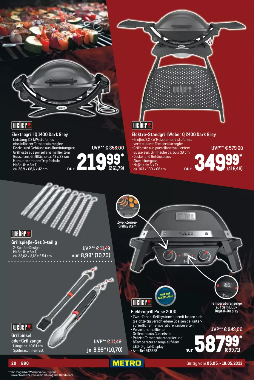 Aktueller Prospekt Metro - BBQ & Grill Spezial - von 05.05 bis 18.05.2022 - strona 20 - produkty: decke, Deckel, eis, Elektro, elle, grill, grillfläche, grillrost, Grillspieße, grillzange, Pinsel, reis, Schal, Schale, spülmaschinen, standgrill, teller, Ti, weber