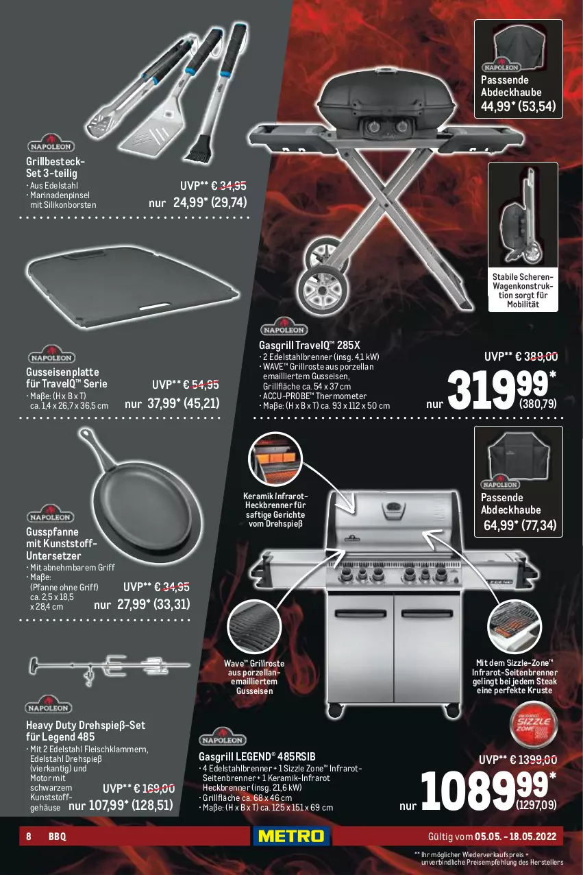 Aktueller Prospekt Metro - BBQ & Grill Spezial - von 05.05 bis 18.05.2022 - strona 8 - produkty: abdeckhaube, ACC, besteck, besteckset, edelstahl, eis, elle, fleisch, gasgrill, grill, grillfläche, grillrost, Klammern, lamm, latte, marinade, pfanne, Pinsel, reis, saft, Schere, steak, teller, thermometer, Ti, Untersetzer