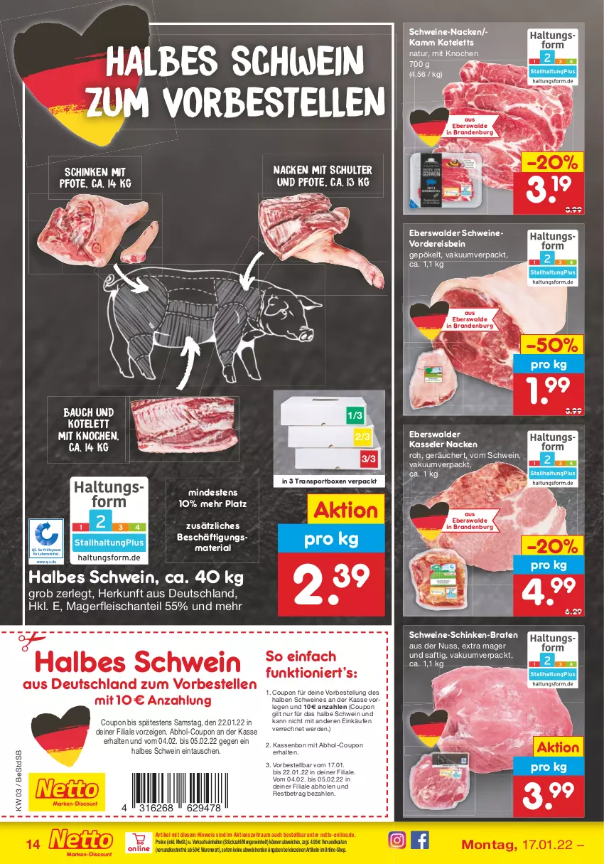 Aktueller Prospekt Netto Marken-Discount - Filial-Angebote - von 17.01 bis 22.01.2022 - strona 14 - produkty: Bau, braten, coupon, eis, elle, erde, fleisch, kasseler, kotelett, natur, ndk, nuss, reis, Ria, saft, schinken, schwein, schweine, Sport, Ti, versandkostenfrei, wein, weine