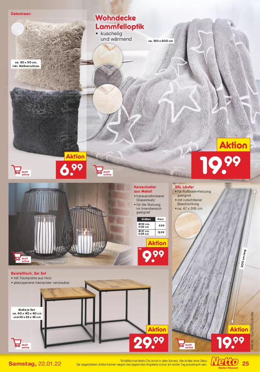 Aktueller Prospekt Netto Marken-Discount - Filial-Angebote - von 17.01 bis 22.01.2022 - strona 25 - produkty: angebot, beistelltisch, decke, dekokissen, eis, Holz, HP, kerze, Kerzenhalter, kissen, lamm, Lammfell, latte, Läufer, reis, Ti, tisch, tischplatte, ZTE