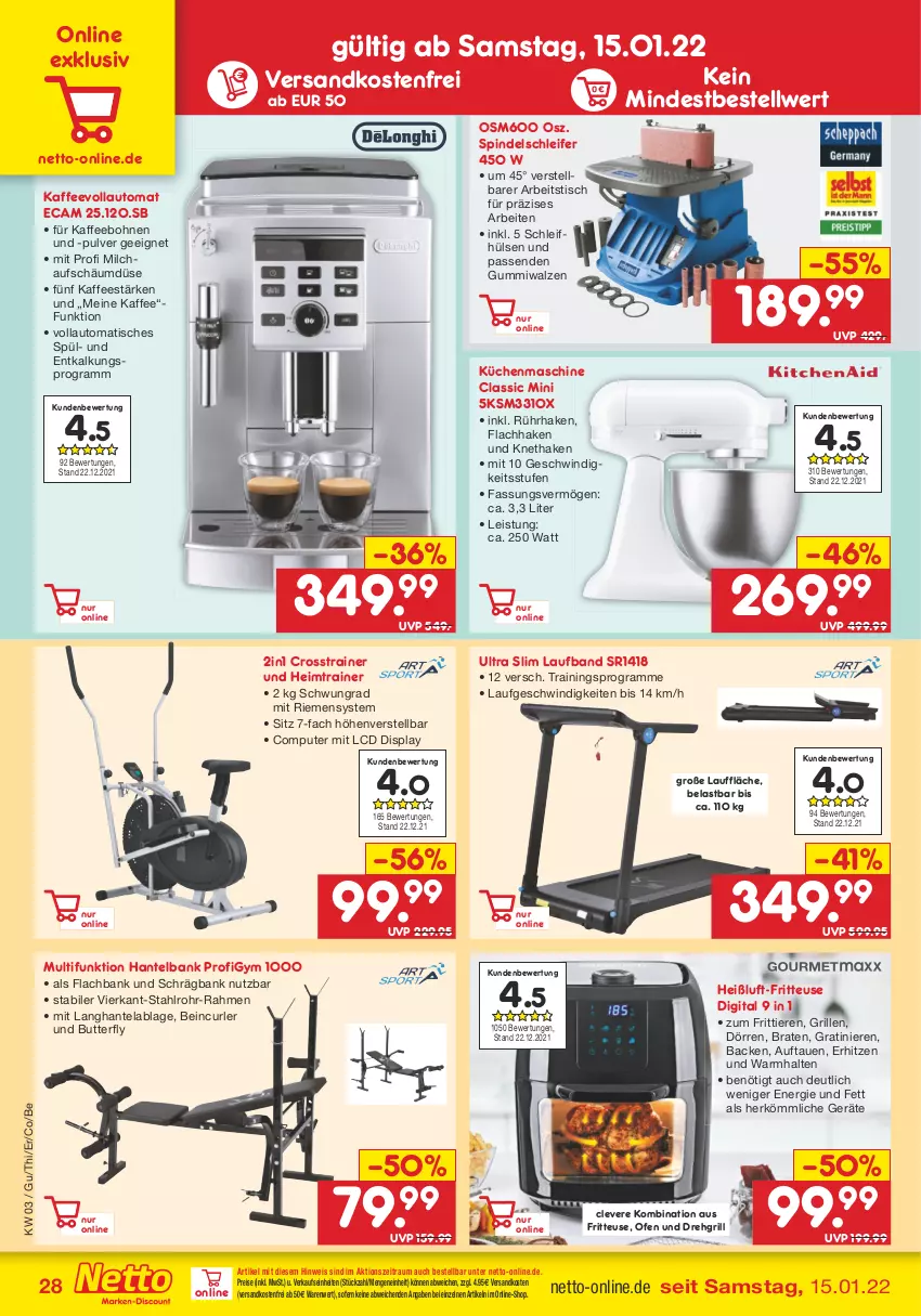 Aktueller Prospekt Netto Marken-Discount - Filial-Angebote - von 17.01 bis 22.01.2022 - strona 28 - produkty: auto, Bank, bohne, bohnen, braten, butter, computer, eis, fritteuse, grill, kaffee, kaffeebohnen, kaffeevollautomat, küche, Küchen, küchenmaschine, milch, ndk, Ofen, pute, reis, Ti, Tiere, tisch, versandkostenfrei