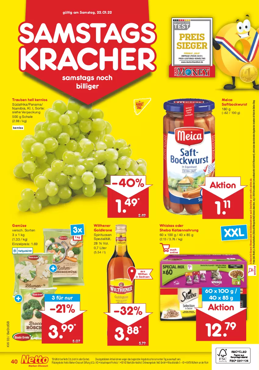 Aktueller Prospekt Netto Marken-Discount - Filial-Angebote - von 17.01 bis 22.01.2022 - strona 40 - produkty: angebot, angebote, bockwurst, discount, eis, goldkrone, Holz, katzennahrung, kracher, krone, marken-discount, meica, ndk, reis, sac, saft, Schal, Schale, sheba, Spezi, spirituosen, Ti, trauben, uhr, versandkostenfrei, whiskas, wilthener, Wilthener Goldkrone, wurst, ZTE