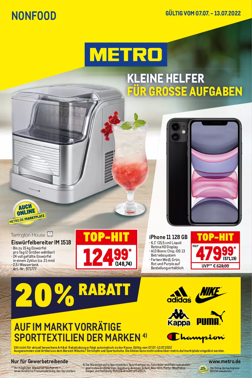 Aktueller Prospekt Metro - NonFood - von 07.07 bis 13.07.2022 - strona 1 - produkty: auto, Betriebssystem, bio, eis, eiswürfel, eiswürfelbereiter, elle, erde, Fahrrad, iphone, iphone 11, leine, LG, Metro, reis, schuhe, Sport, sportschuhe, strümpfe, teller, Ti, tisch, top-hit, wasser, wassertank, würfel