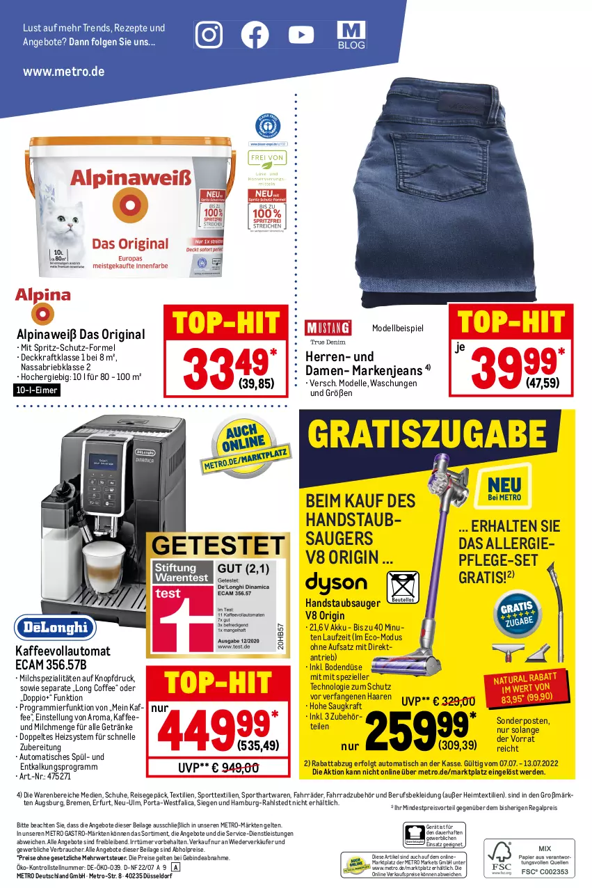 Aktueller Prospekt Metro - NonFood - von 07.07 bis 13.07.2022 - strona 20 - produkty: abholpreise, akku, alpina, Alpinaweiß, angebot, angebote, auer, auto, brie, dell, eimer, eis, elle, erde, Fahrrad, getränk, getränke, gin, handstaubsauger, heimtextilien, ilag, jeans, kaffee, kaffeevollautomat, kleid, Kleidung, kraft, LG, Metro, metro gastro, milch, Mode, natur, natura, preisvorteil, Rauch, regal, reis, rezept, rezepte, rwe, schuhe, sonderposten, Spezi, Sport, staubsauger, Ti, tisch, top-hit