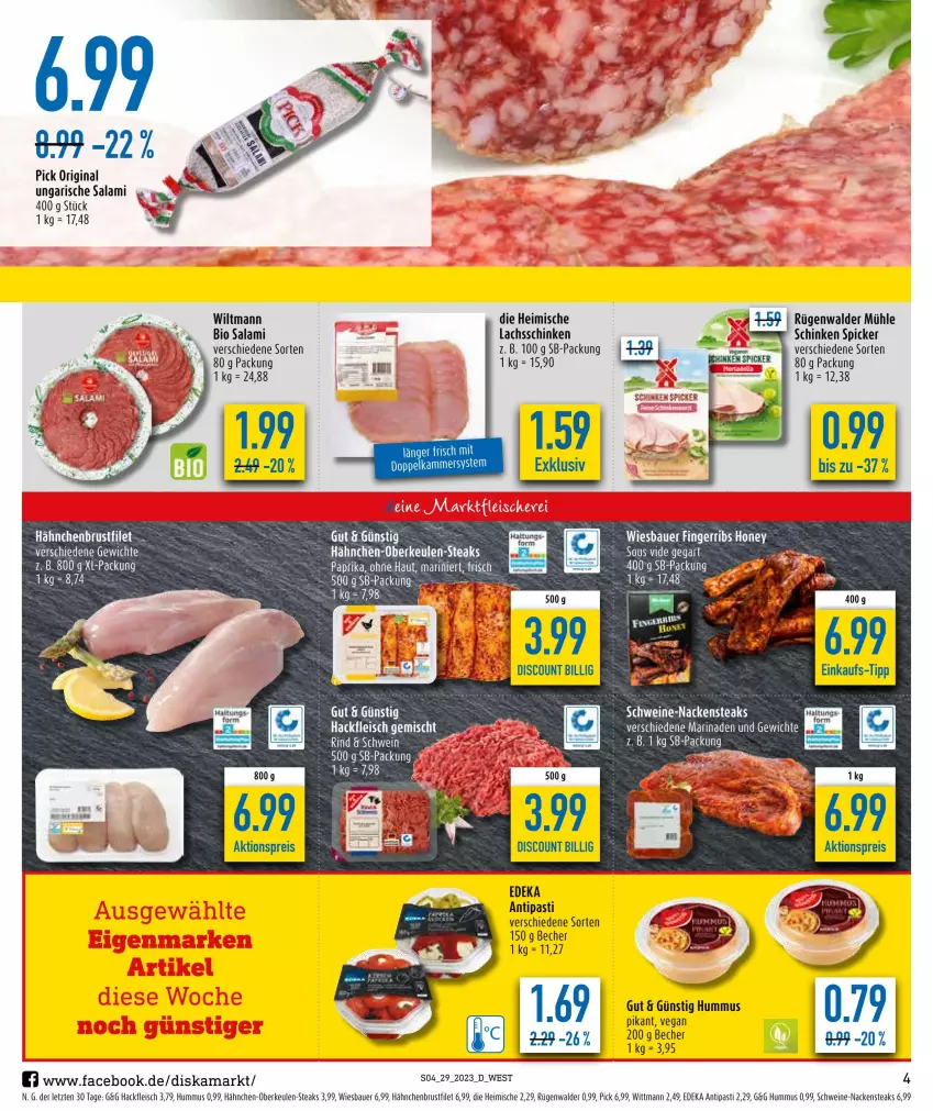 Aktueller Prospekt Diska - Prospekte - von 17.07 bis 22.07.2023 - strona 4 - produkty: aktionspreis, antipasti, asti, auer, Bau, Bauer, Becher, bio, brustfilet, deka, discount, eis, filet, fleisch, gin, hackfleisch, hackfleisch gemischt, Hähnchen-Oberkeulen, hähnchenbrust, hähnchenbrustfilet, hummus, lachs, lachsschinken, Nackensteak, nackensteaks, paprika, reis, rügenwalder, rügenwalder mühle, salami, schinken, schinken spicker, schwein, schweine, steak, steaks, tee, Ti, Ungarische Salami, wein, weine, wiesbauer, wiltmann, ZTE