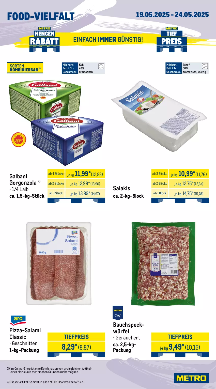 Aktueller Prospekt Metro - Wochen-Angebote Gastro - von 19.05 bis 24.05.2025 - strona 10 - produkty: Bau, beutel, brötchen, burger, eis, frischkäse, galbani, gorgonzola, HP, Kaiser, Käse, kirsch, mac, Metro, milch, paprika, pizza, pommes, Pommes Frites, reis, salakis, salami, salomon, schnitten, Speck, Ti, tiefpreis, tisch, würfel