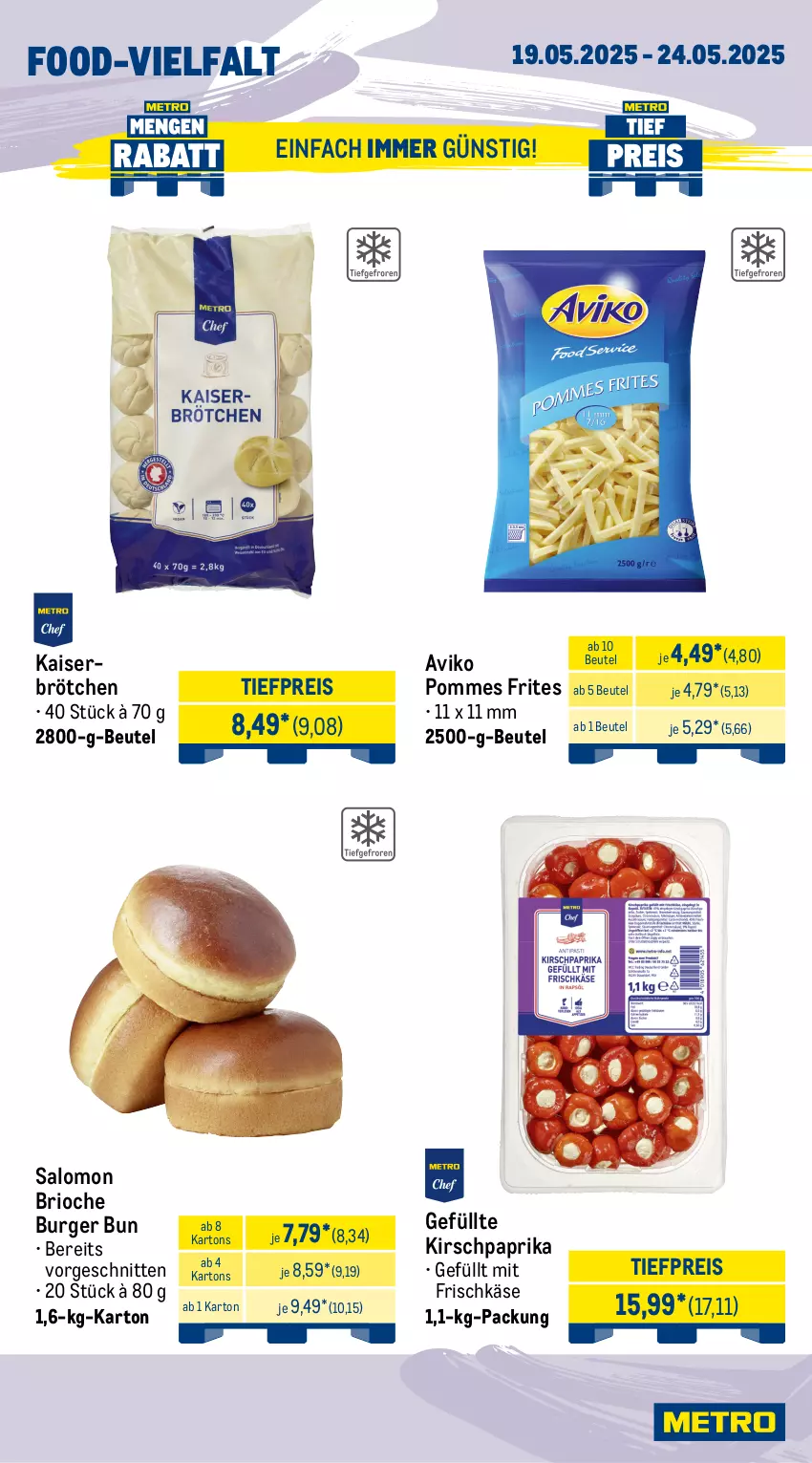 Aktueller Prospekt Metro - Wochen-Angebote Gastro - von 19.05 bis 24.05.2025 - strona 11 - produkty: Bau, beutel, brötchen, burger, eis, frischkäse, galbani, gorgonzola, HP, Kaiser, Käse, kirsch, mac, Metro, milch, paprika, pizza, pommes, Pommes Frites, reis, salakis, salami, salomon, schnitten, Speck, Ti, tiefpreis, tisch, würfel