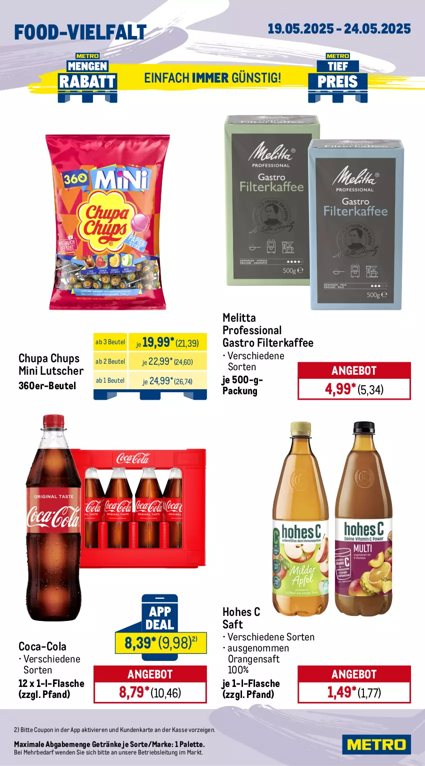Aktueller Prospekt Metro - Wochen-Angebote Gastro - von 19.05 bis 24.05.2025 - strona 13 - produkty: angebot, barilla, beutel, chupa, chupa chups, coca-cola, cola, coupon, eimer, eis, filterkaffee, flasche, getränk, getränke, Hohes C, kaffee, kölln, Lutscher, mayonnaise, melitta, müsli, orange, orangen, orangensaft, Palette, pasta, pflanze, pflanzen, Pflanzenöl, reis, saft, salat, Ti, tomate, tomaten, Tomatensaft, Yo