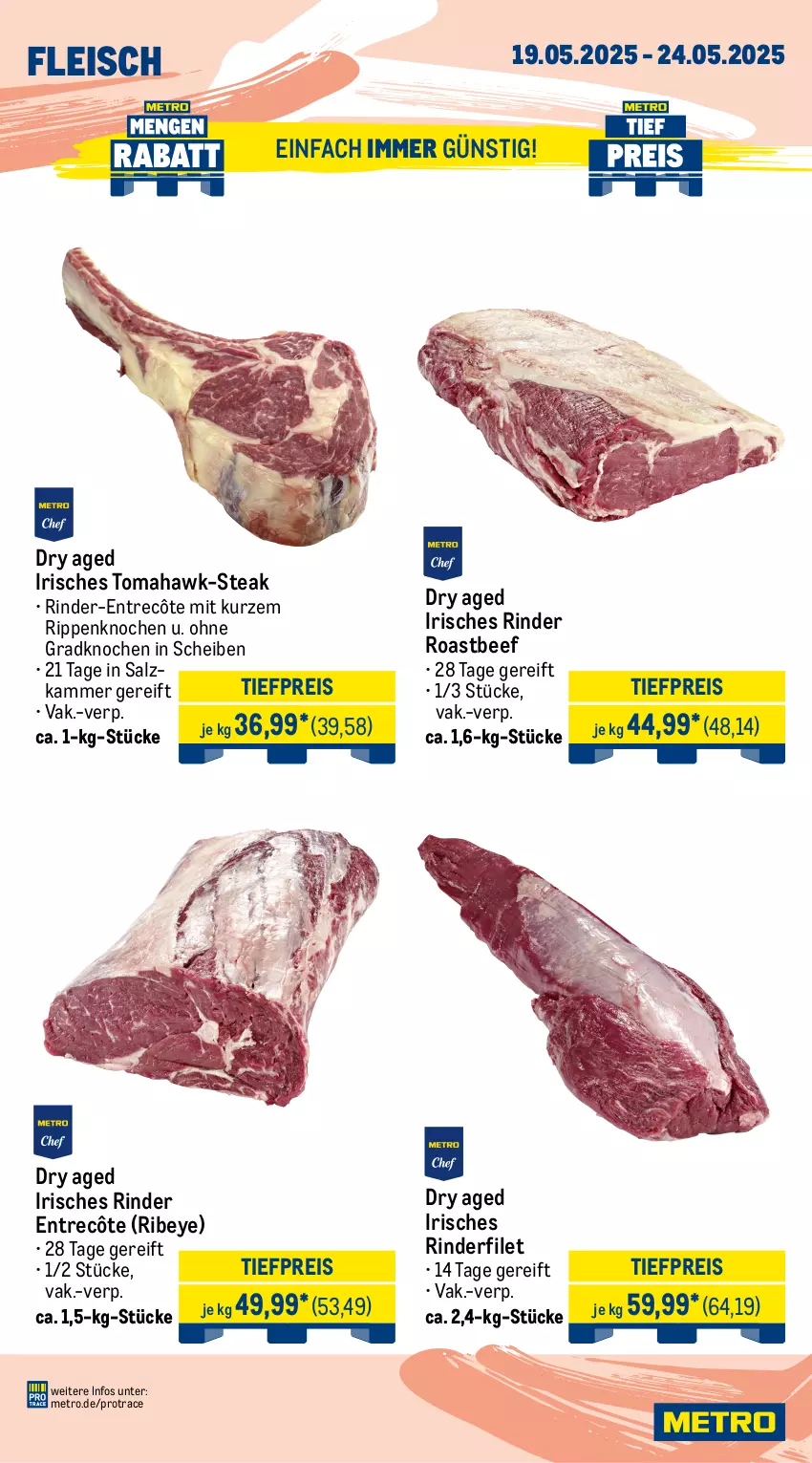 Aktueller Prospekt Metro - Wochen-Angebote Gastro - von 19.05 bis 24.05.2025 - strona 4 - produkty: Abtei, angebot, angebote, aqua, beef, eis, elle, entrecôte, filet, fisch, fische, Fischer, fischtheke, fleisch, forelle, frischfisch, kabeljaufilet, lachs, Metro, reis, rel, rind, rinder, rinderfilet, Rippen, roastbeef, rwe, salz, Schere, scholl, steak, Ti, tiefpreis, Wild
