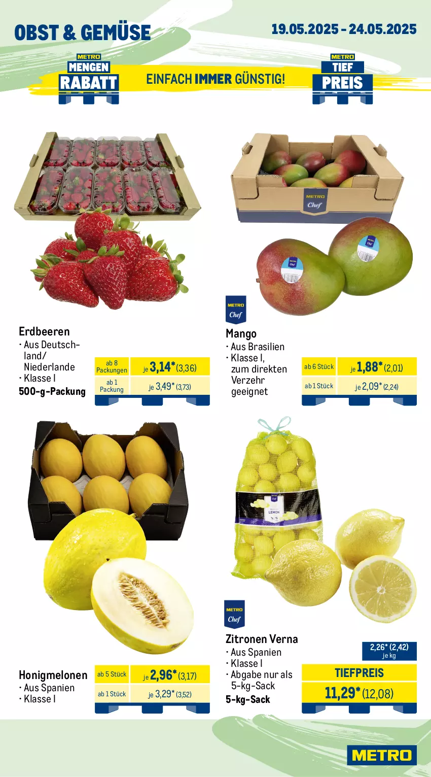 Aktueller Prospekt Metro - Wochen-Angebote Gastro - von 19.05 bis 24.05.2025 - strona 7 - produkty: angebot, beere, beeren, beutel, eis, erdbeere, erdbeeren, filet, fisch, fleisch, früchte, garnelen, hering, Herings, honig, honigmelone, honigmelonen, lachs, mango, meeresfrüchte, melone, melonen, Metro, obst, Räucherlachs, reis, ring, Rotbarsch, rotbarschfilet, sac, salat, Schal, Schale, schnitten, Ti, tiefpreis, tisch, zitrone, zitronen