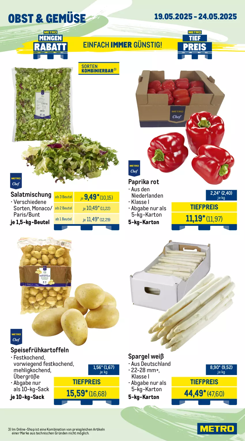 Aktueller Prospekt Metro - Wochen-Angebote Gastro - von 19.05 bis 24.05.2025 - strona 8 - produkty: bag-in-box, beutel, crème fraîche, edamer, eimer, eis, Frühkartoffeln, gouda, kartoffel, kartoffeln, mac, mehl, milch, obst, paprika, paprika rot, pflanze, pflanzen, Pflanzenfett, reis, sac, salat, spargel, speisefrühkartoffeln, Ti, tiefpreis, vollmilch