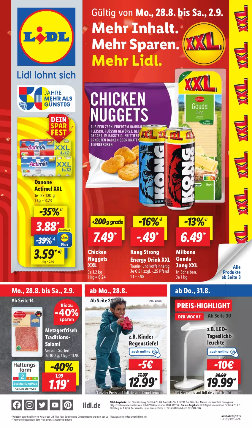 Aktueller Prospekt Lidl - Aktionsprospekt - von 28.08 bis 02.09.2023 - strona 1 - produkty: actimel, angebot, angebote, Bad, bio, Bona, chicken nuggets, coupon, danone, drink, eis, energy drink, gouda, Kinder, Leuchte, Milbona, nuggets, preisvorteil, reis, salami, Ti, ZTE